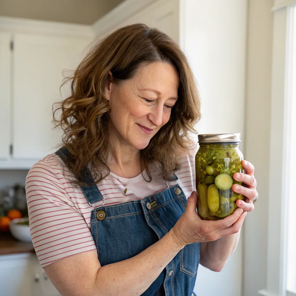 Julie holding a jar of homemade pickles