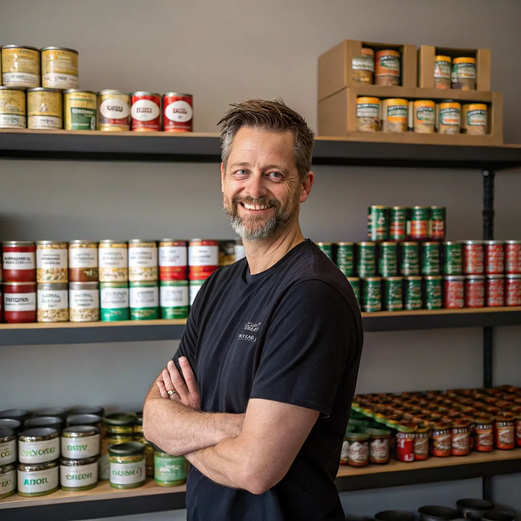 Mark proudly displaying his canned goods
